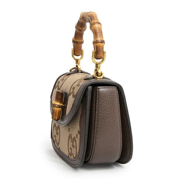 Gucci Bamboo Top Handle Handbag Jumbo GG Leather Brown Beige - Picture 6 of 9